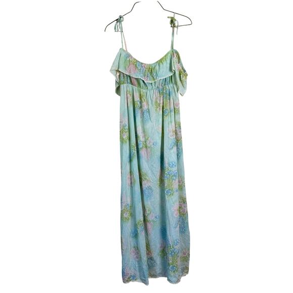 VINTAGE Sheer Blue‎ Floral Ruffle off the Shoulder Tie Straps Dress Size MEDIUM - Picture 1 of 6
